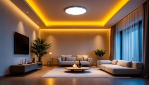 A photograph of a beautifully designed room featuring a 6-inch recessed led light fixture