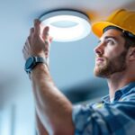 A photograph of a skilled lighting contractor installing a recessed light fixture in a modern home setting