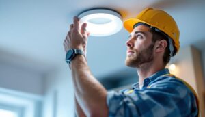A photograph of a skilled lighting contractor installing a recessed light fixture in a modern home setting