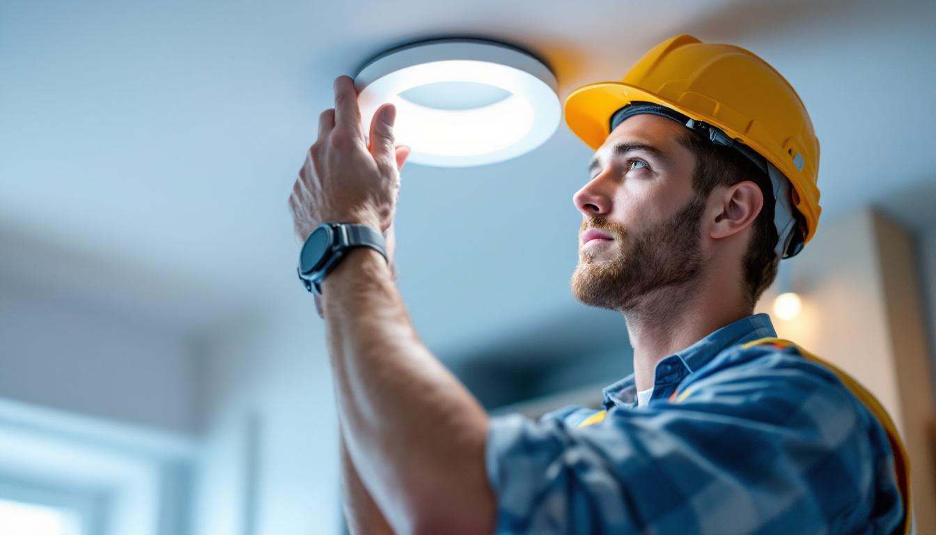 A photograph of a skilled lighting contractor installing a recessed light fixture in a modern home setting