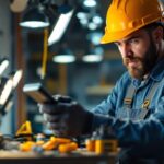 A photograph of a skilled lighting contractor working on an installation