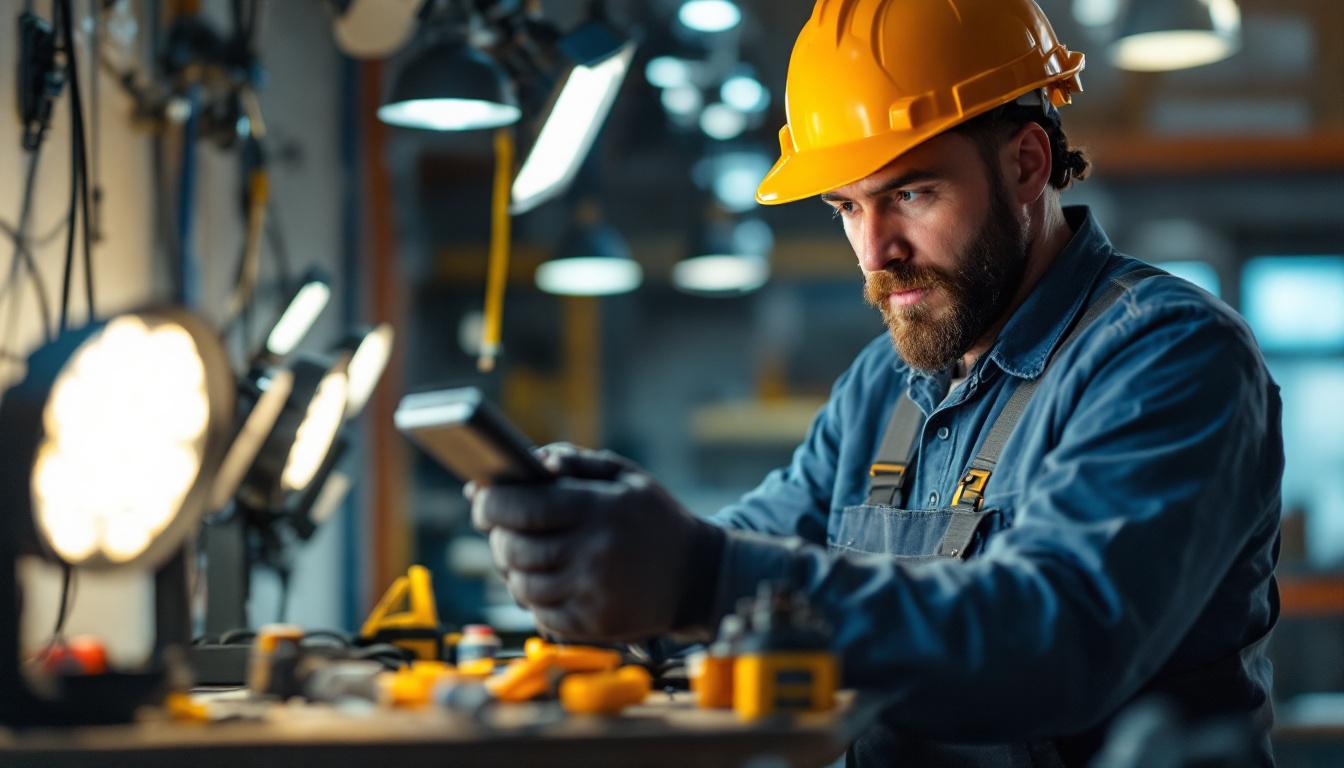 A photograph of a skilled lighting contractor working on an installation