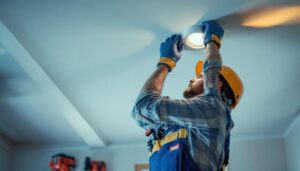 A photograph of an electrician or lighting contractor installing ic-rated pot lights in a residential ceiling