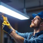 A photograph of a lighting contractor installing or showcasing a 2ft led light fixture in a commercial or residential setting