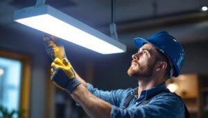 A photograph of a lighting contractor installing or showcasing a 2ft led light fixture in a commercial or residential setting