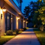 A photograph of a well-lit outdoor space featuring motion sensor security lights in action