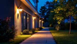 A photograph of a well-lit outdoor space featuring motion sensor security lights in action