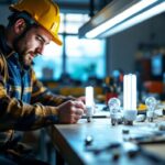 A photograph of a lighting contractor examining various t5 ho bulbs in a well-lit workspace