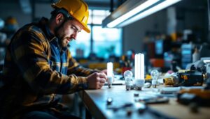 A photograph of a lighting contractor examining various t5 ho bulbs in a well-lit workspace