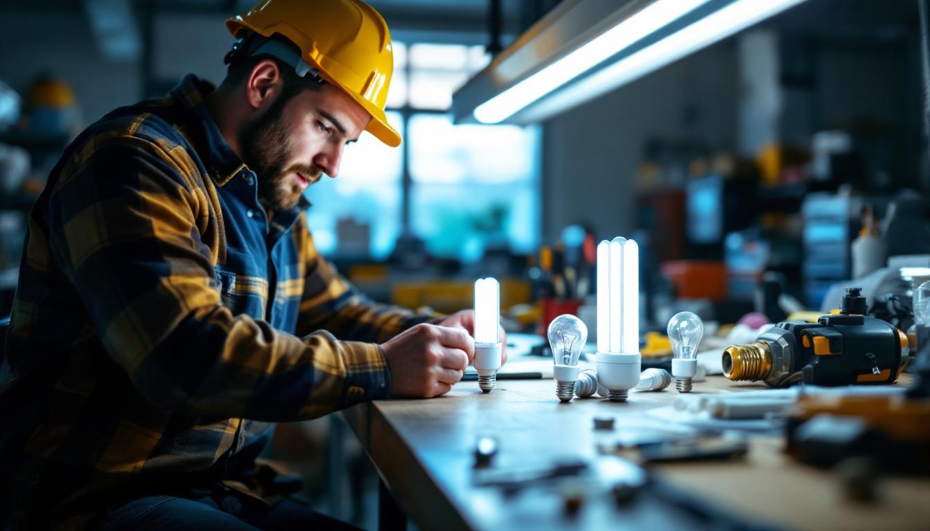 A photograph of a lighting contractor examining various t5 ho bulbs in a well-lit workspace