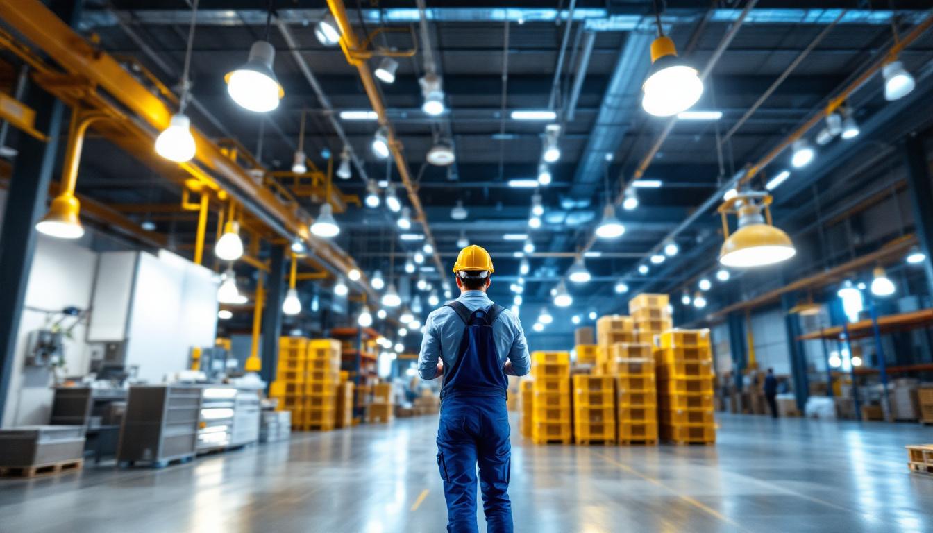 A photograph of a well-lit warehouse interior showcasing various types of lighting bulbs in use