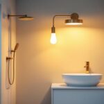 A photograph of a stylish and affordable bathroom light fixture installed in a modern bathroom setting