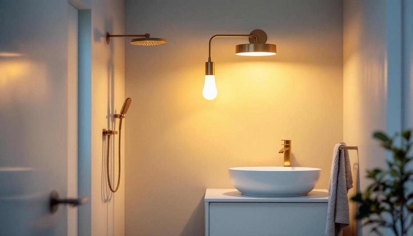 A photograph of a stylish and affordable bathroom light fixture installed in a modern bathroom setting