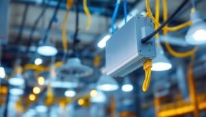 A photograph of a lighting ballast installed in a commercial setting