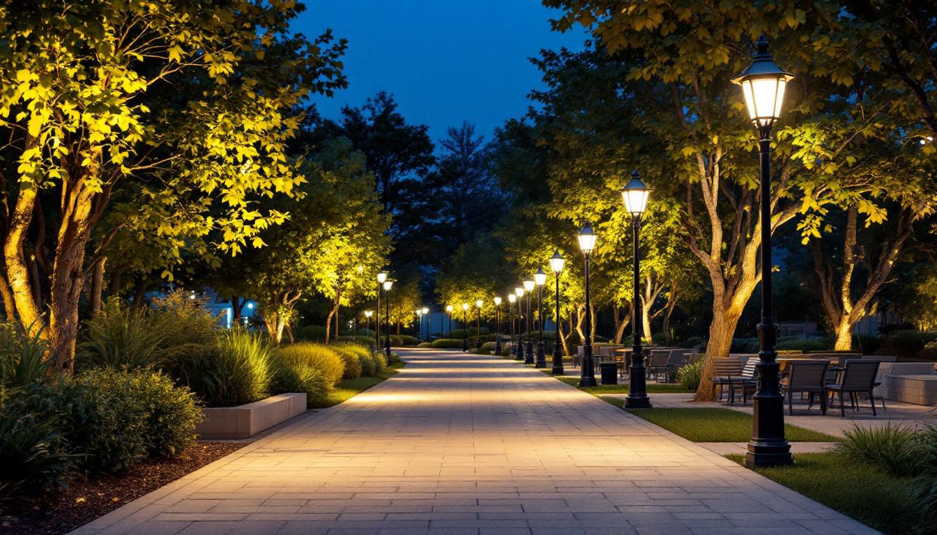 A photograph of a well-lit outdoor area featuring various post lighting fixtures in use