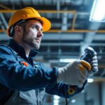 A photograph of a lighting contractor in action