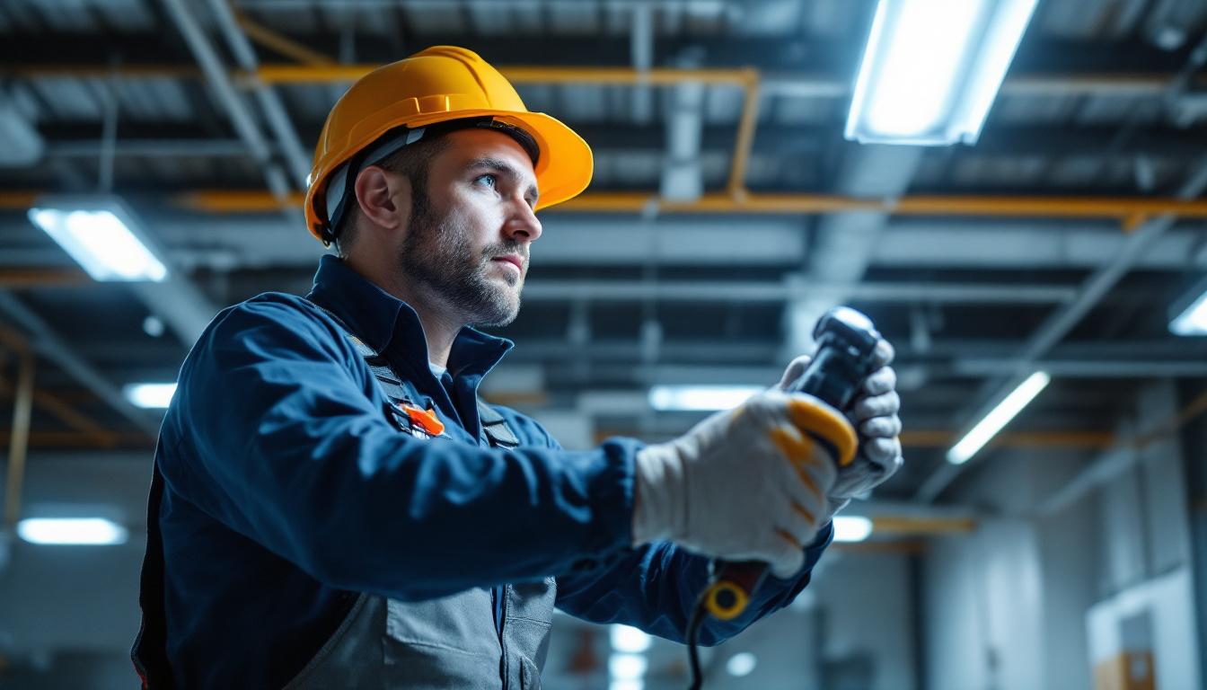A photograph of a lighting contractor in action