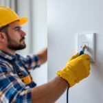 A photograph of a skilled lighting contractor installing a modern light switch and receptacle in a well-lit room