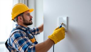 A photograph of a skilled lighting contractor installing a modern light switch and receptacle in a well-lit room