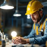 A photograph of a lighting contractor at work
