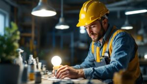 A photograph of a lighting contractor at work