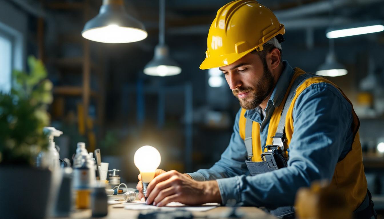 A photograph of a lighting contractor at work