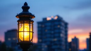 A photograph of a vintage gaslight illuminating a modern urban setting at dusk