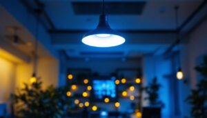 A photograph of a modern office space featuring a stylish ceiling light that highlights the workspace