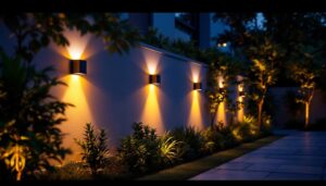 A photograph of a beautifully illuminated outdoor space featuring sleek