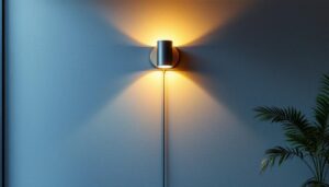 A photograph of a stylish light wall fixture installed in a modern interior setting