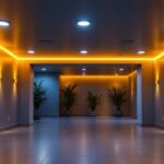 A photograph of a beautifully lit basement featuring recessed lights installed in the ceiling