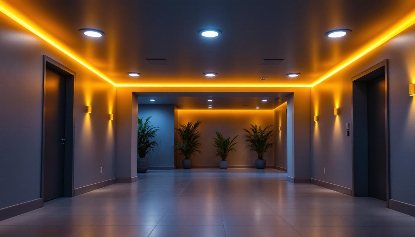 A photograph of a beautifully lit basement featuring recessed lights installed in the ceiling