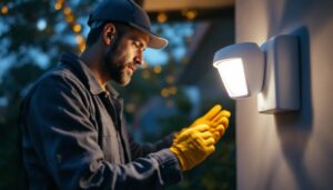 A photograph of a lighting contractor actively installing or demonstrating a light motion detector in an engaging outdoor setting