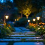 A photograph of a well-lit outdoor scene featuring solar-powered lights illuminating a beautifully landscaped garden or pathway