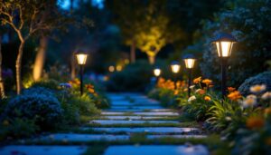 A photograph of a well-lit outdoor scene featuring solar-powered lights illuminating a beautifully landscaped garden or pathway