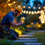 A photograph of a skilled lighting contractor installing outdoor led lights in a beautifully landscaped garden
