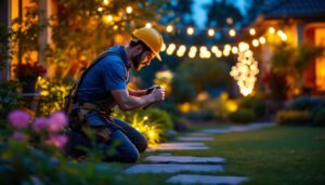 A photograph of a skilled lighting contractor installing outdoor led lights in a beautifully landscaped garden
