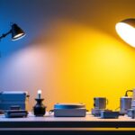 A photograph of a well-lit workspace featuring various types of ballasts alongside lighting fixtures