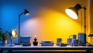 A photograph of a well-lit workspace featuring various types of ballasts alongside lighting fixtures
