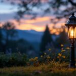 A photograph of an elegant antique solar lamp in a beautifully landscaped outdoor setting