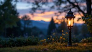 A photograph of an elegant antique solar lamp in a beautifully landscaped outdoor setting