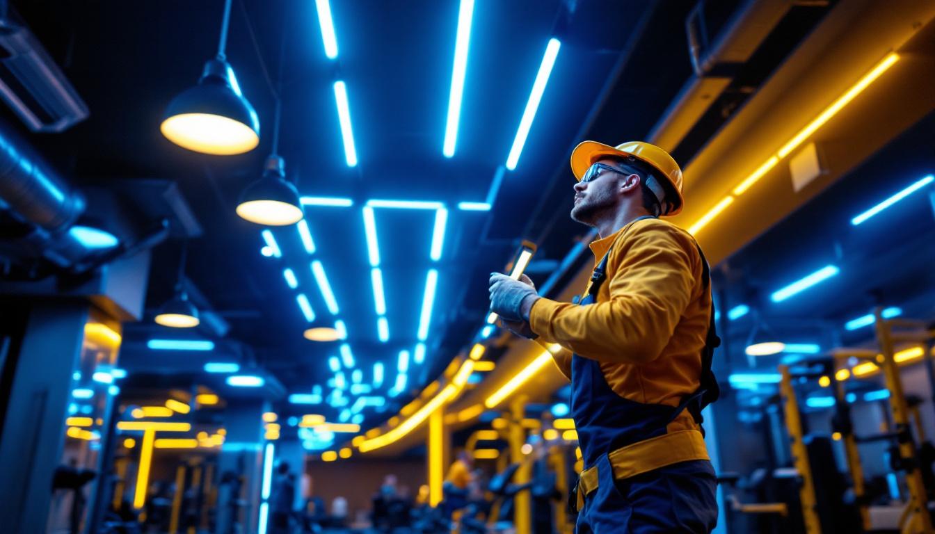 A photograph of a modern gym interior showcasing vibrant led lighting