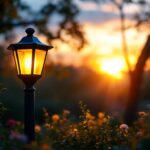 A photograph of a beautifully lit outdoor solar lantern post in a serene garden setting during twilight