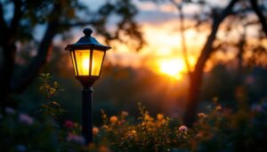 A photograph of a beautifully lit outdoor solar lantern post in a serene garden setting during twilight