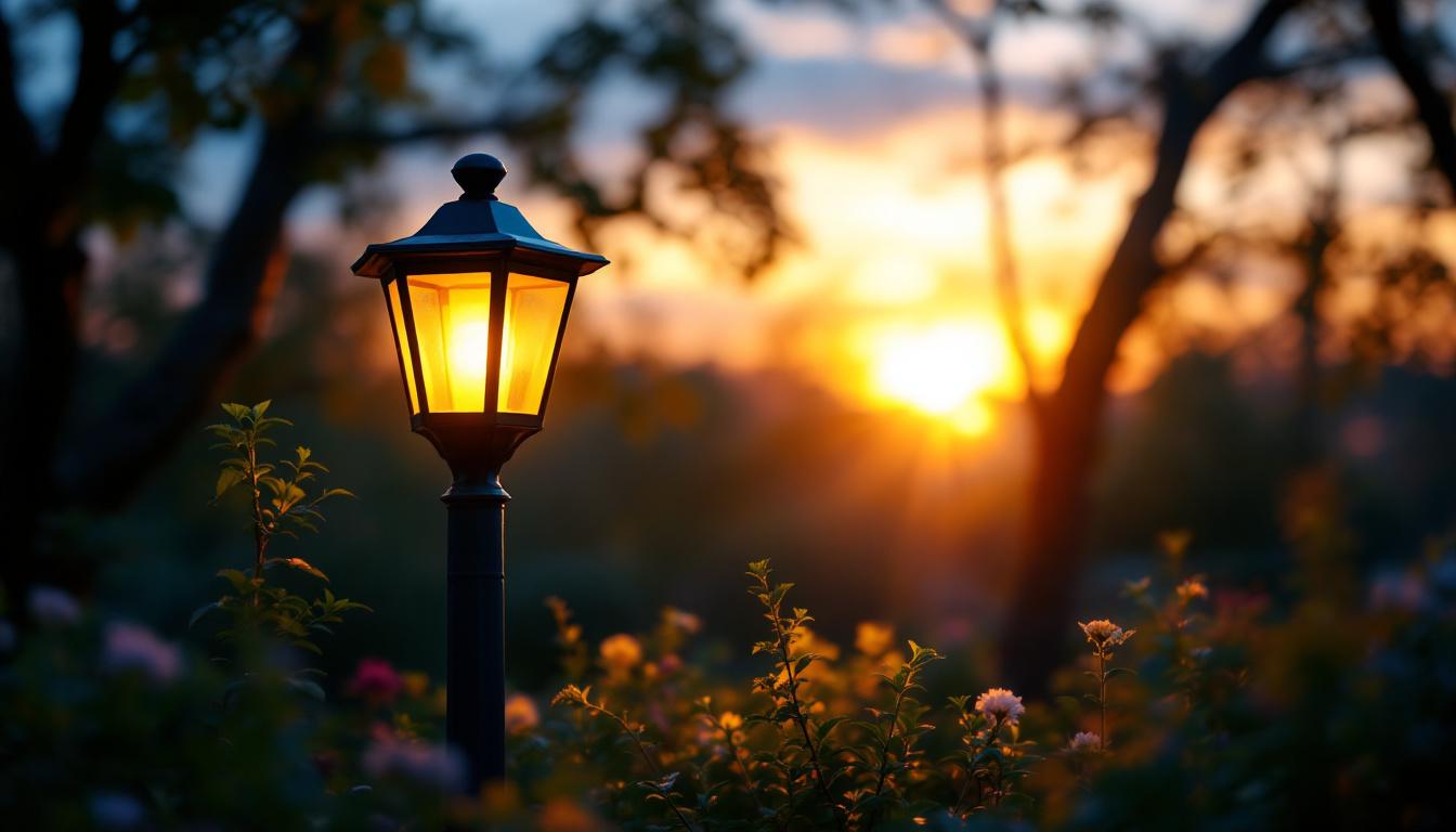 A photograph of a beautifully lit outdoor solar lantern post in a serene garden setting during twilight