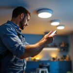 A photograph of a lighting contractor installing 6-inch led recessed lights in a modern home setting