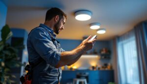 A photograph of a lighting contractor installing 6-inch led recessed lights in a modern home setting