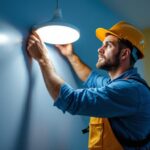 A photograph of a lighting contractor expertly installing a 3-foot led light in a residential setting