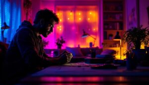 A photograph of a well-lit room showcasing rgb lighting in action