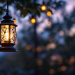 A photograph of a beautifully designed outdoor lantern hanging in a serene garden setting during twilight